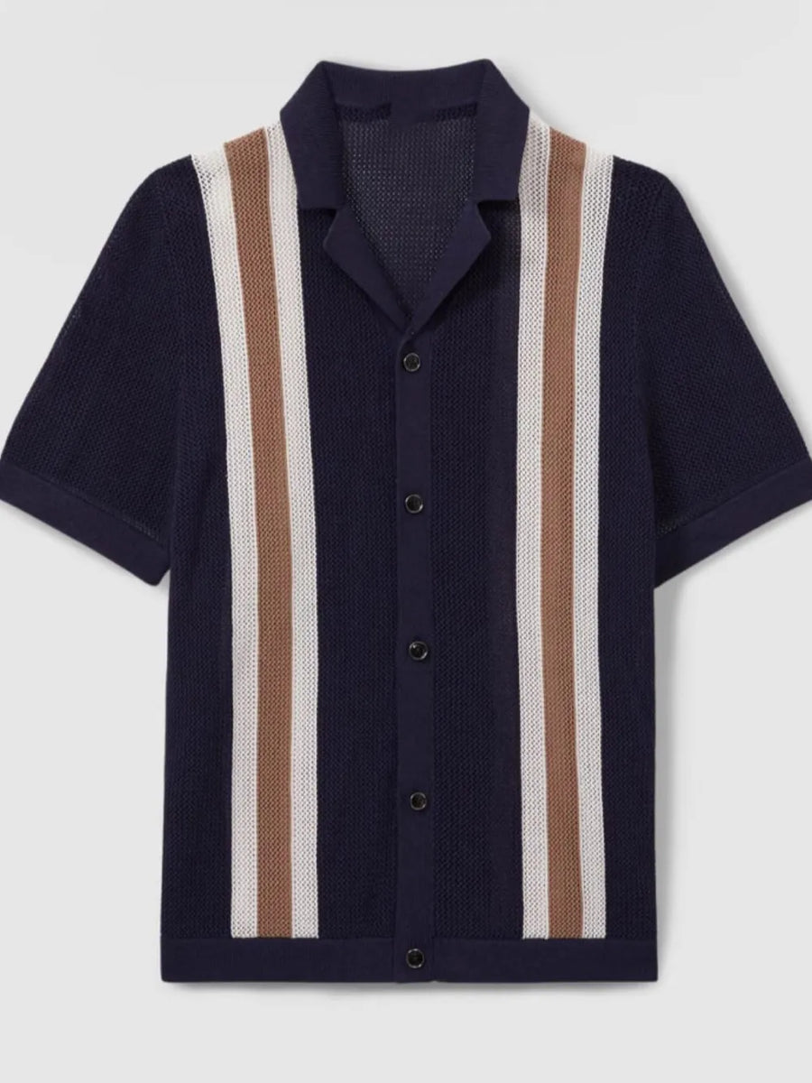 Navy knit polo shirt with vertical stripe detail and button-up neckline.