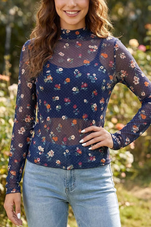 Polka Dot Floral Mesh Long Sleeve Top in Navy