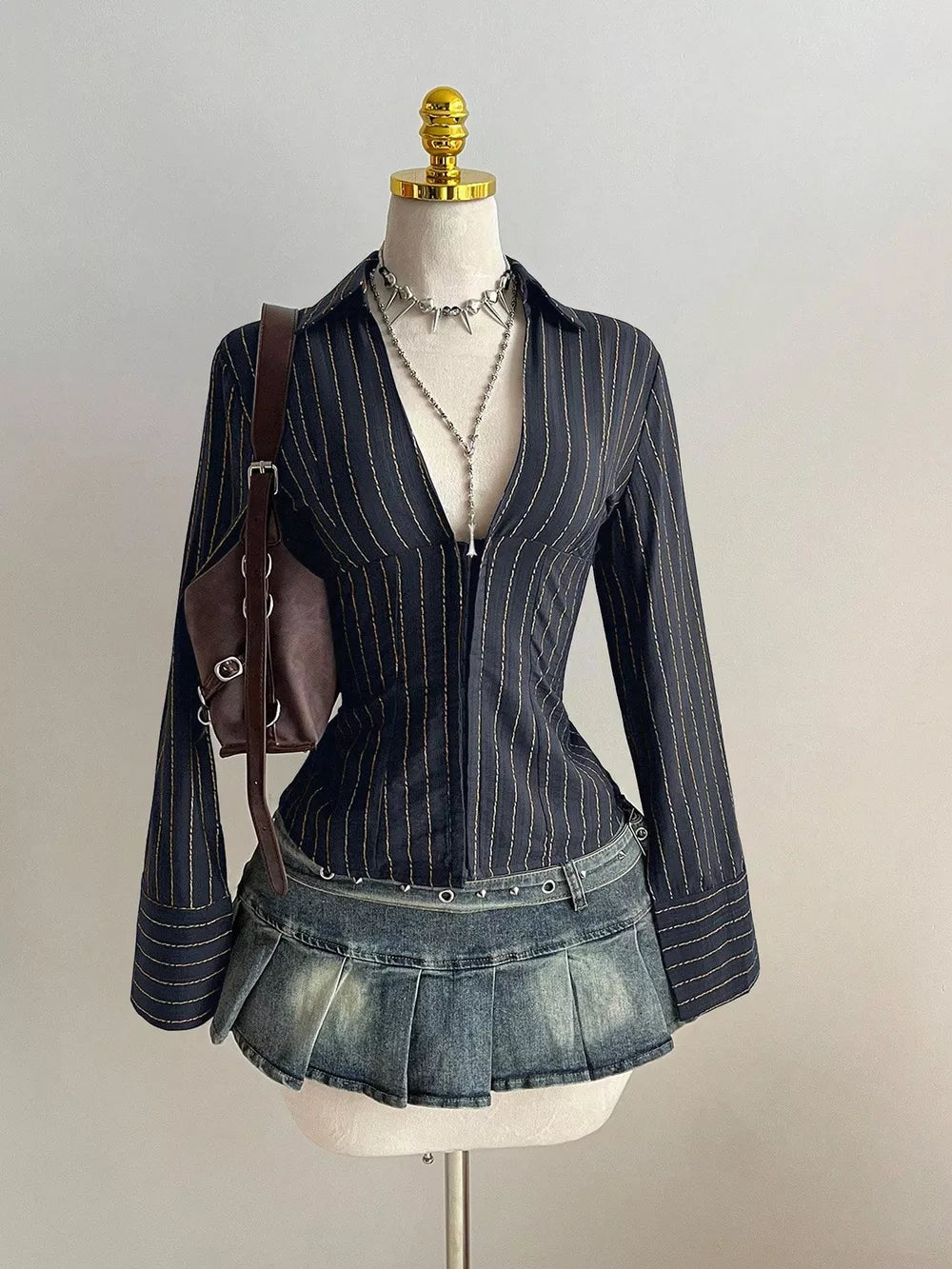 Dark Navy Striped Long Sleeve Fitted Blouse