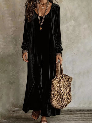 White Velvet Maxi Dress With Flowy Hem
