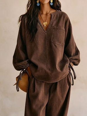 Relaxed Fit Drawstring Sleeve Denim Set in Black with drawstring sleeve