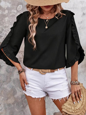 Black ruffled sleeve blouse with button detail and round neckline.