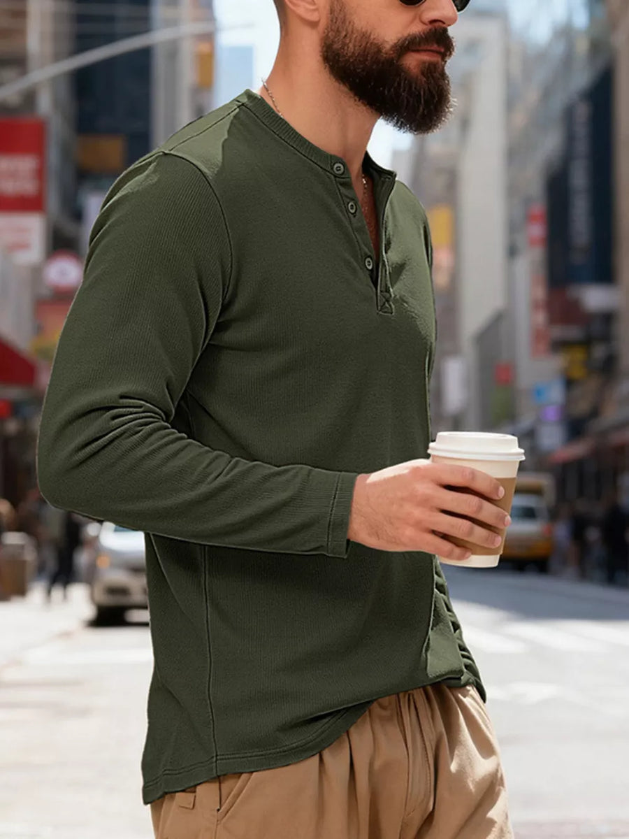 Men's Army Green long sleeve Henley t-shirt with button placket and ribbed texture.