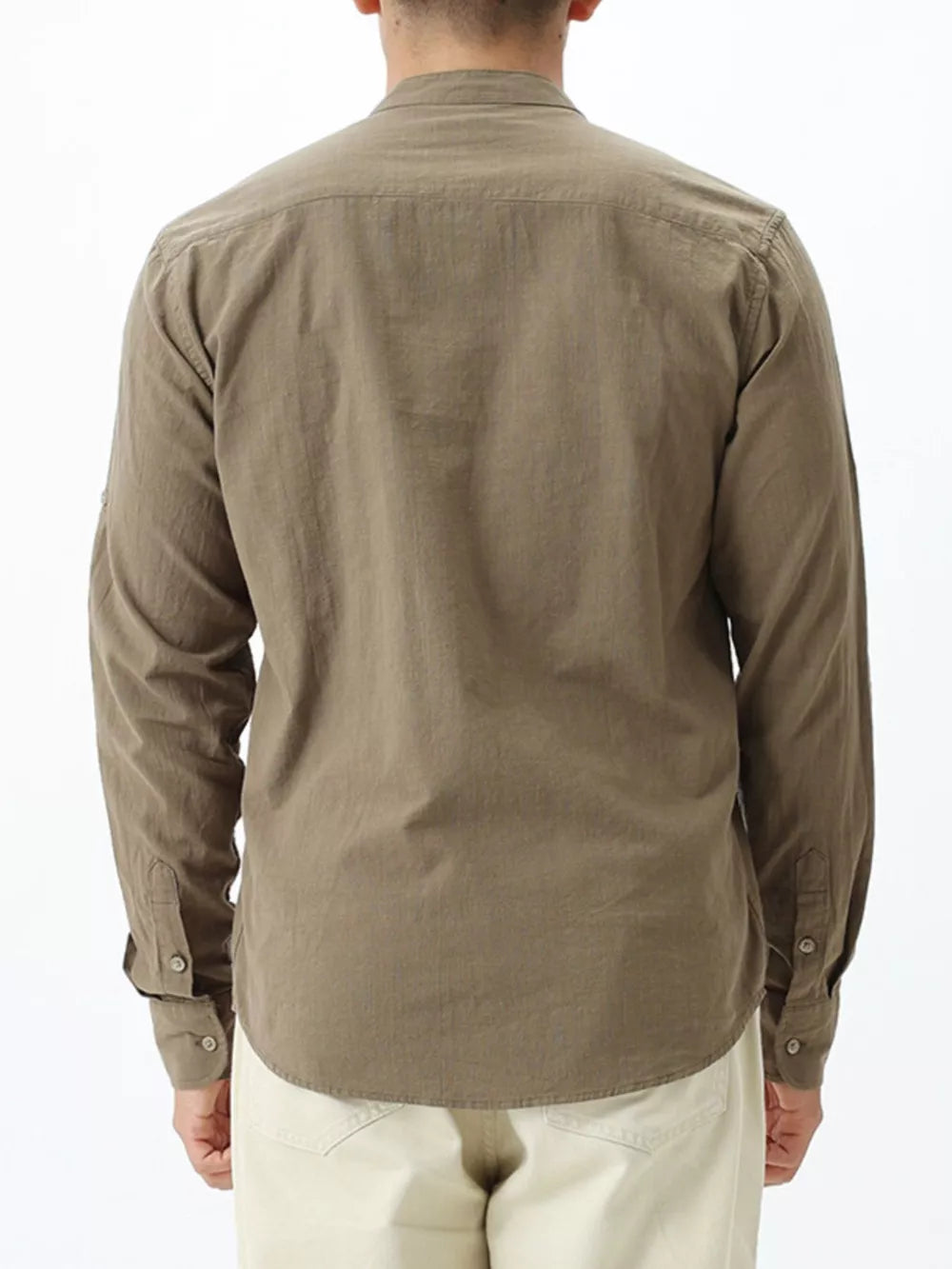 Men's cotton mandarin collar shirt in Desert Color, button-down with long sleeves.