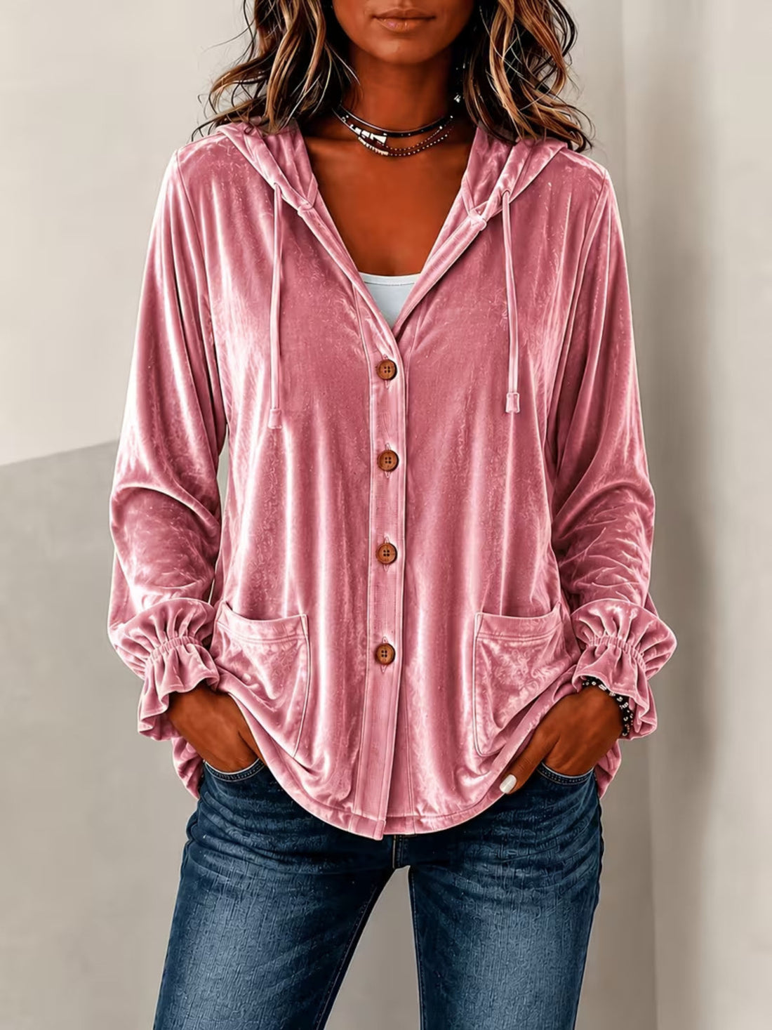 hoodie in dusty rose featuring buttoned and relaxed fit