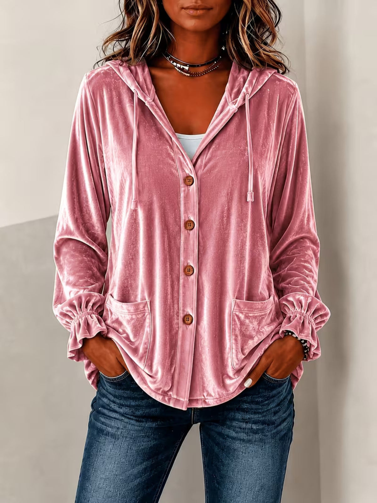 hoodie in dusty rose featuring buttoned and relaxed fit