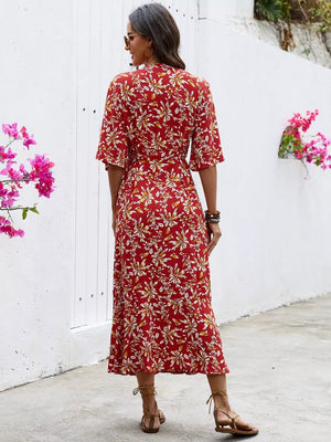 Slit Printed Surplice Midi Dress in Red with tied