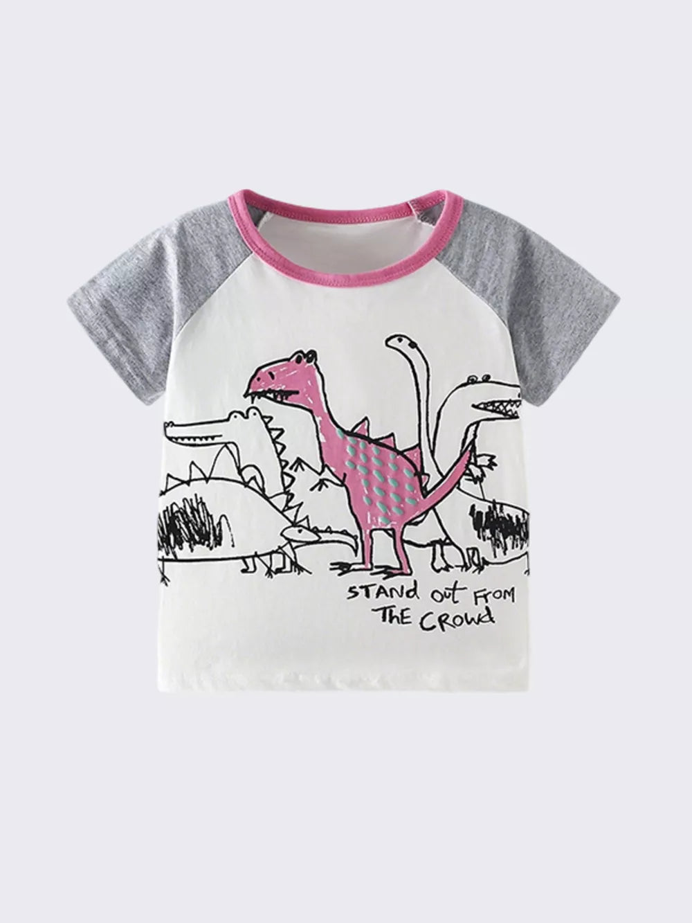 Toddler t-shirt with playful dinosaur print, grey raglan sleeves, and pink trim.