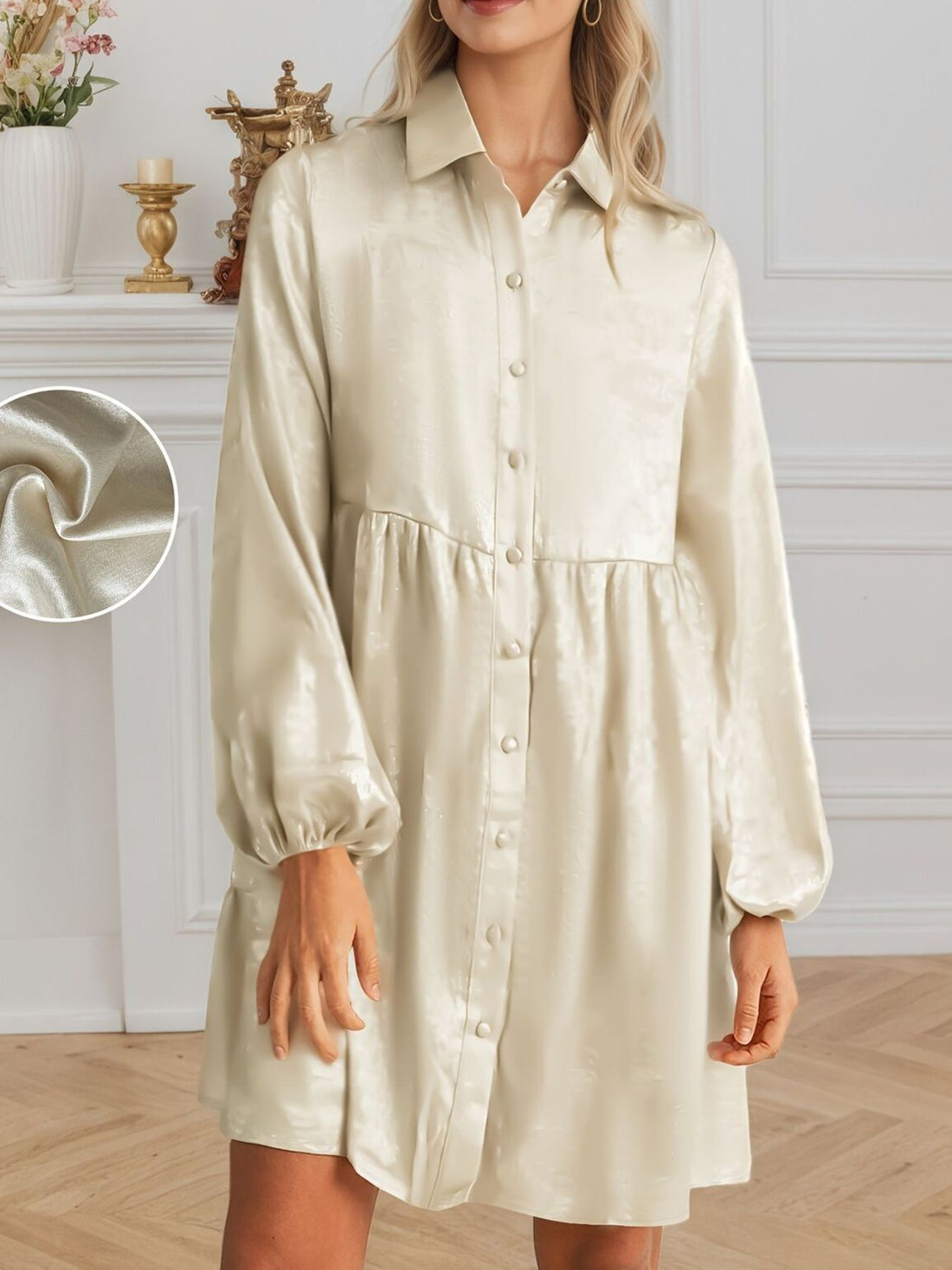 shirt dress in ivory featuring collared and A-line fit