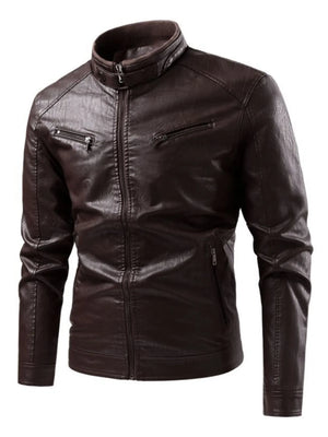 Men's plus-size moto jacket in D.brown faux leather with zip-up front and zippered pockets.