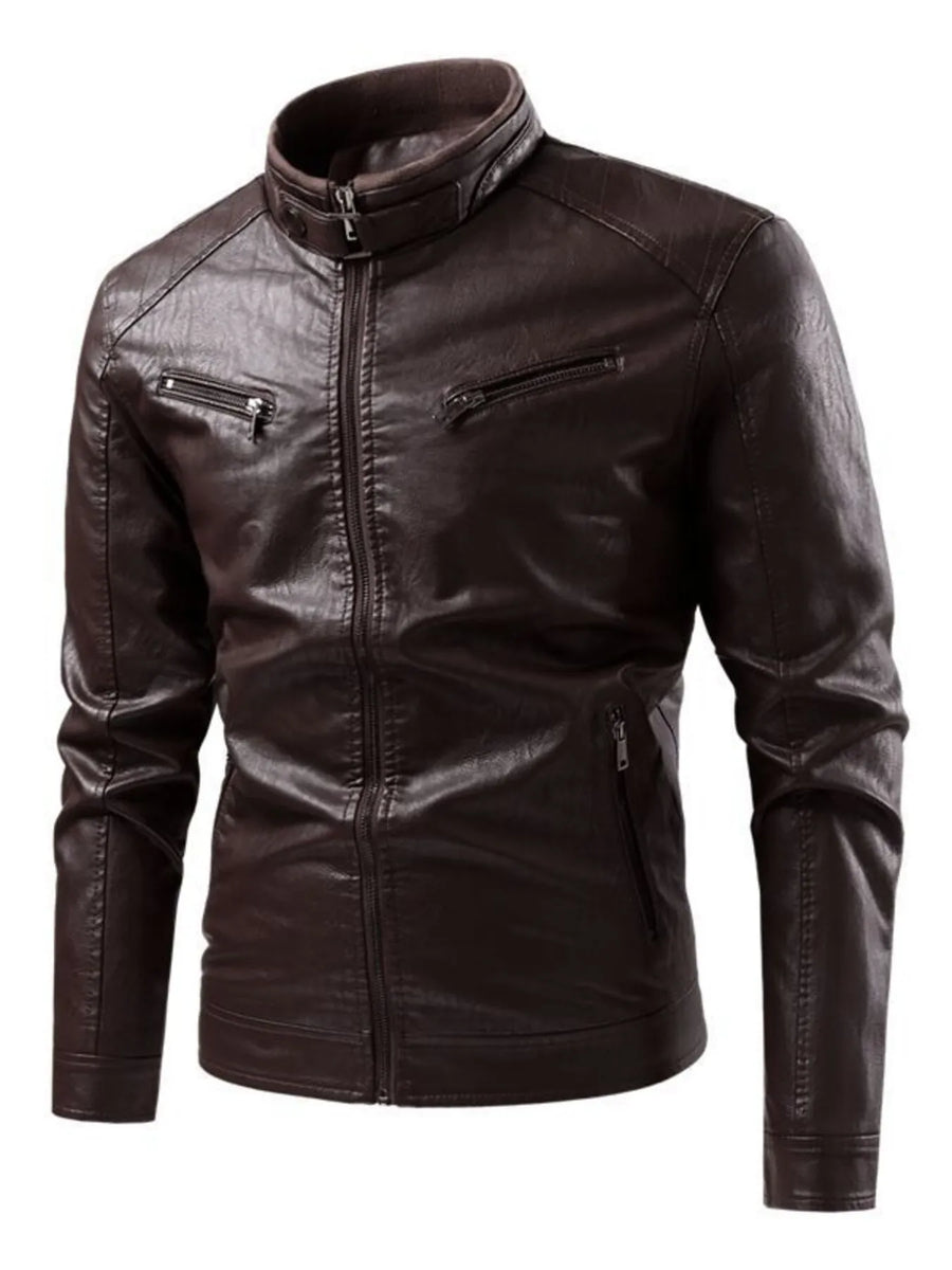 Men's plus-size moto jacket in D.brown faux leather with zip-up front and zippered pockets.