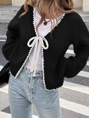 Gray Chic Tie-front Contrast-trim Cardigan Plus Size
