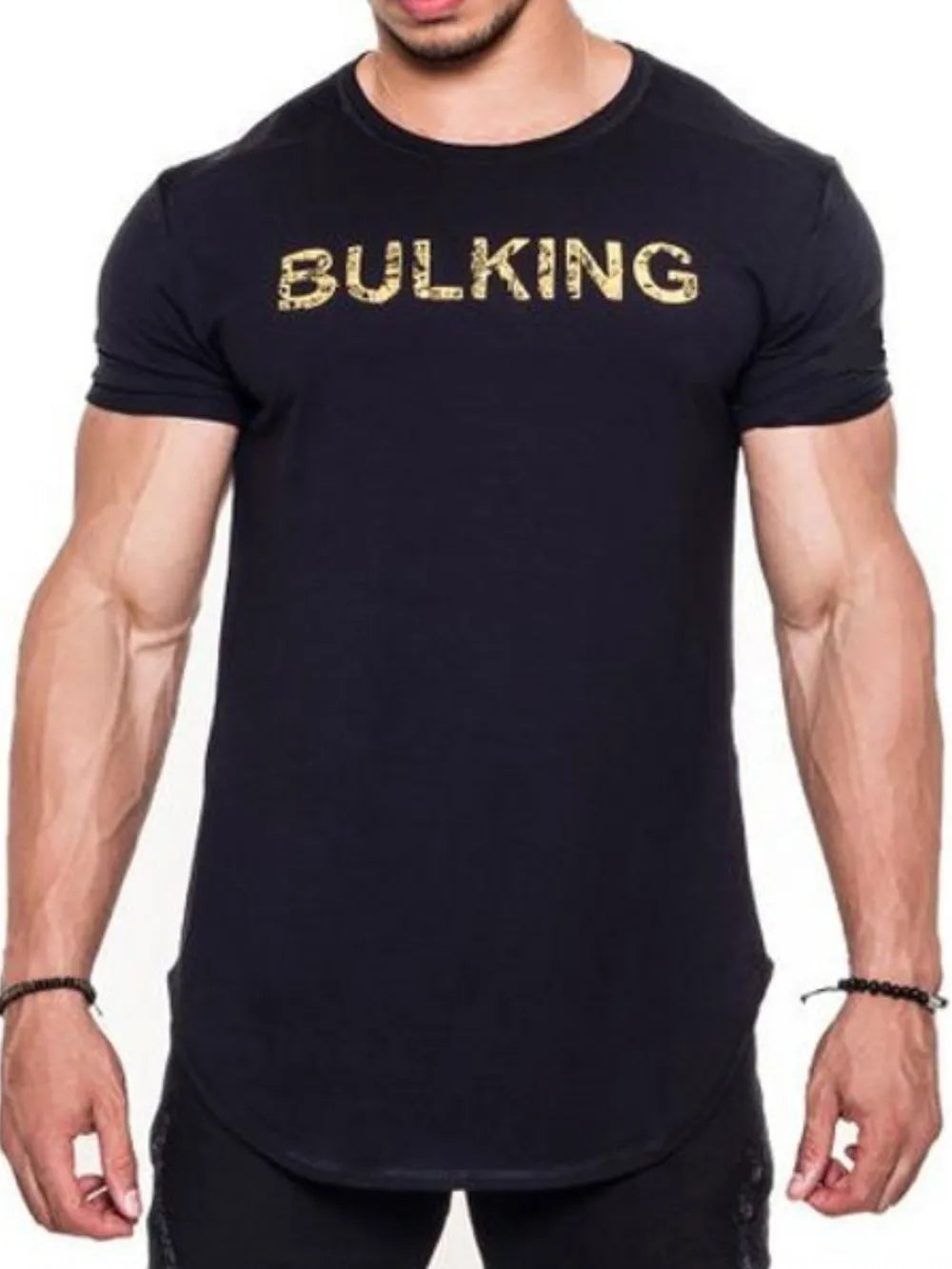 Black t-shirt with gold "BULKING" graphic, crew neck, short sleeves, curved hem.