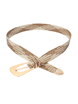 Woven raffia belt in camel and cream with a gold-tone buckle and tip.