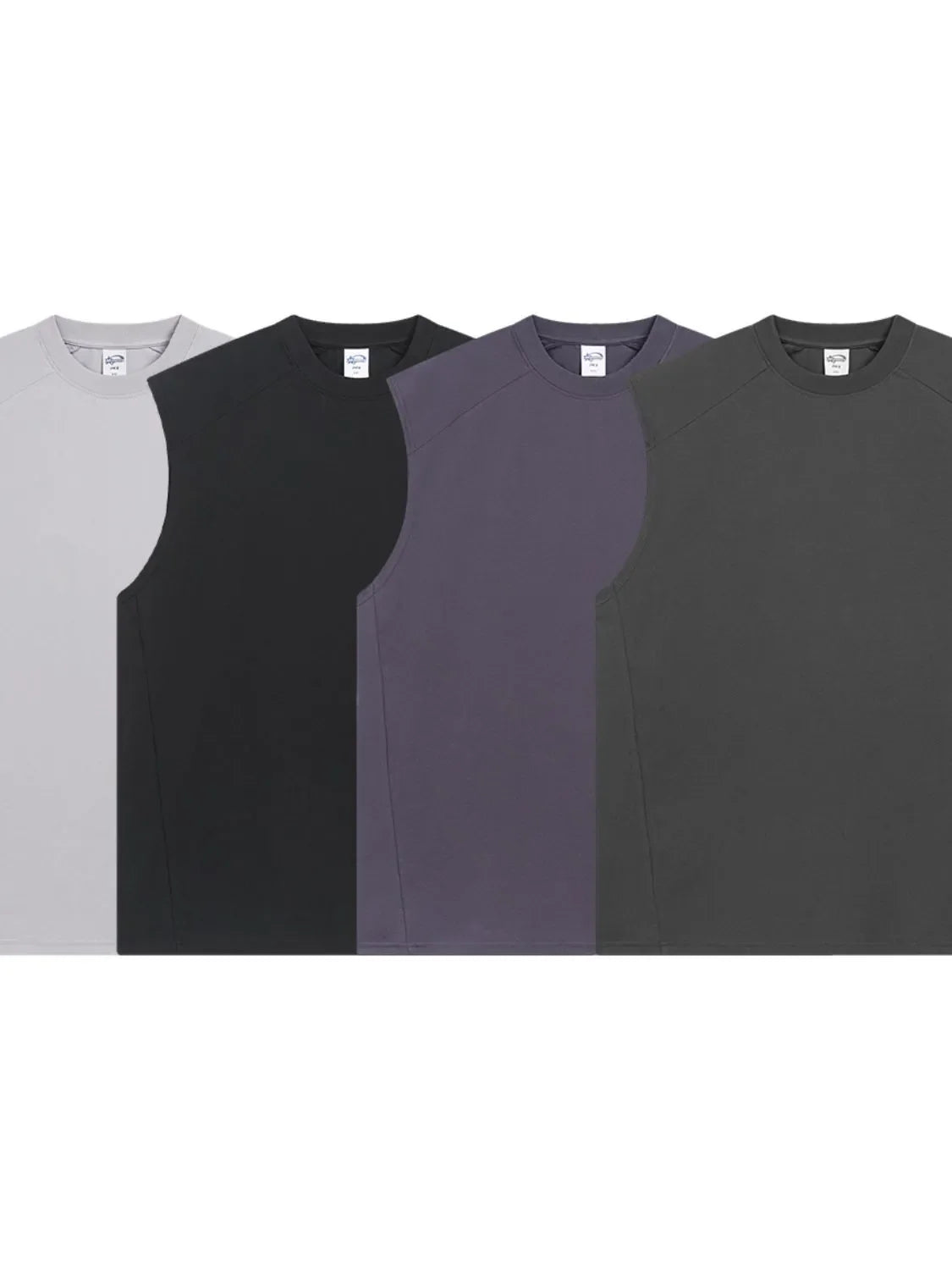 Boxy shoulder cut tank tops in light gray, black, mauve, and dark gray.