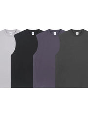 Boxy shoulder cut tank tops in light gray, black, mauve, and dark gray.