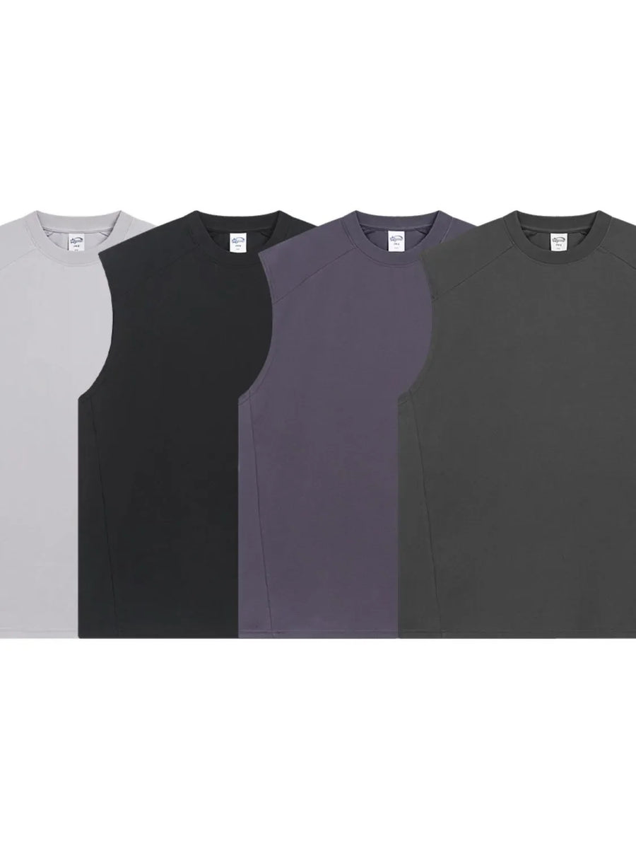 Boxy shoulder cut tank tops in light gray, black, mauve, and dark gray.