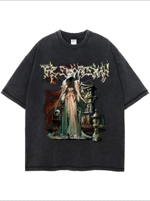 Vintage wash black graphic tee with a hooded figure and gothic imagery.