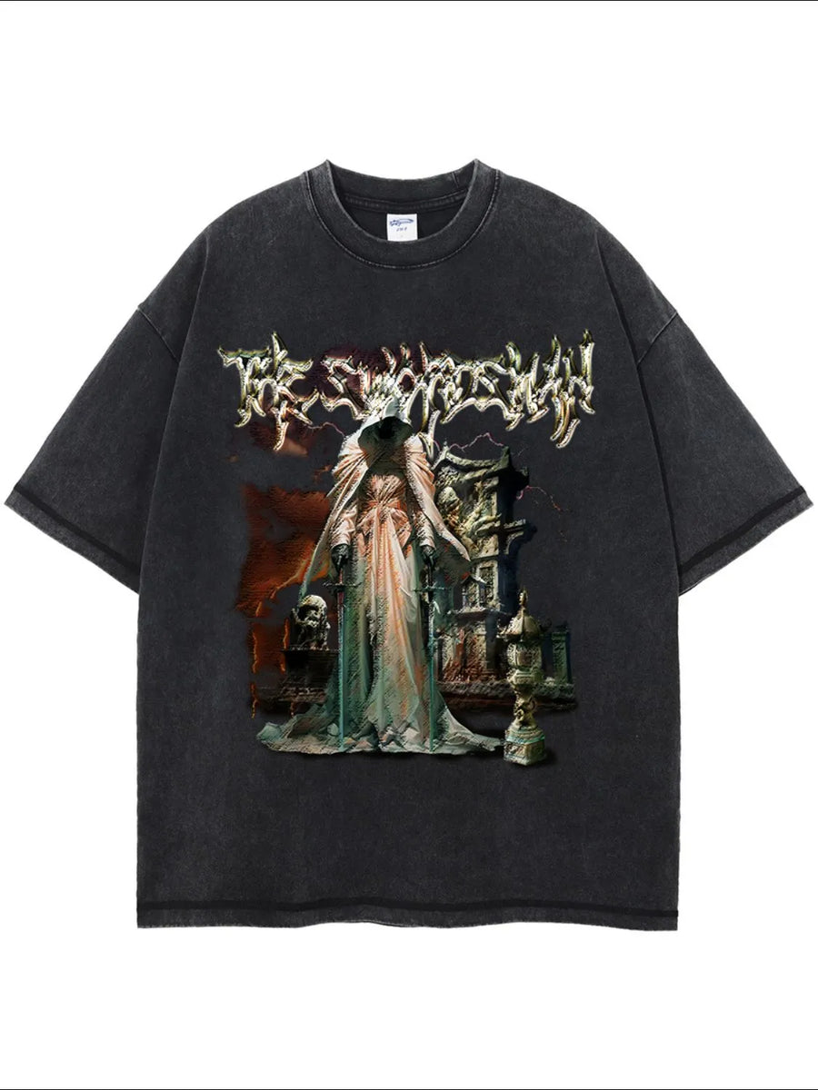 Vintage wash black graphic tee with a hooded figure and gothic imagery.