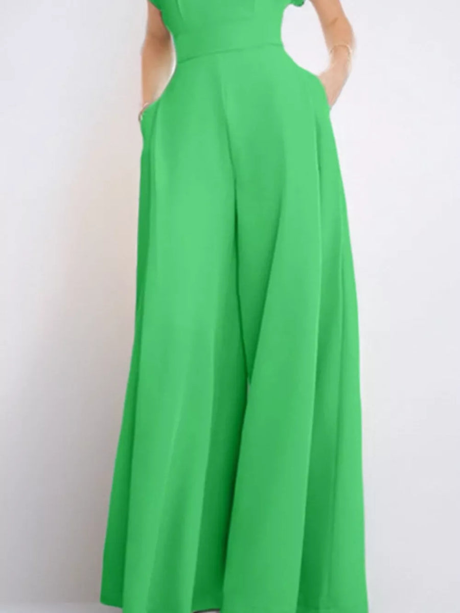 Neon green wide-leg romper with pockets and notched detail.