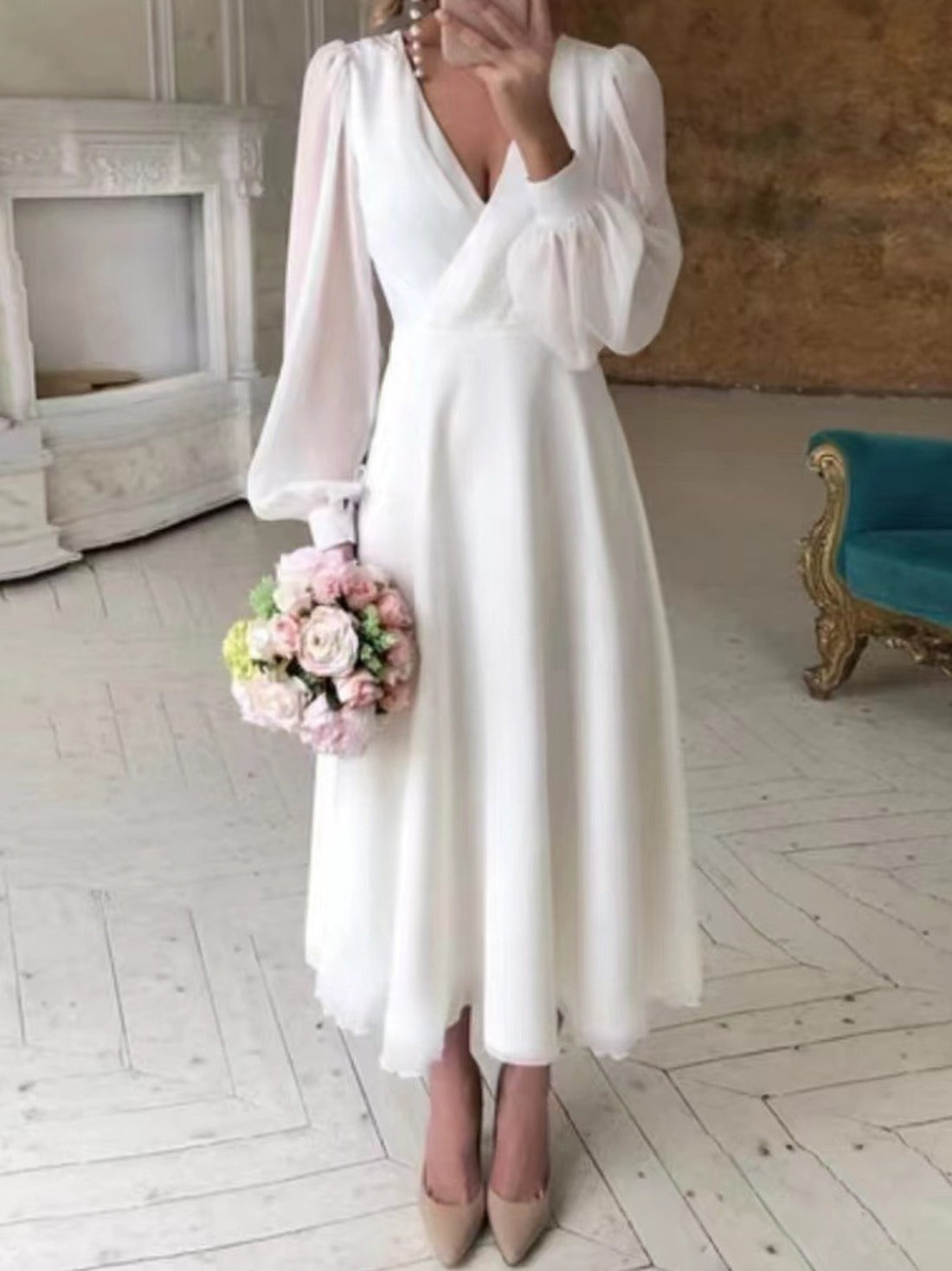 midi dress in ivory featuring sheer and A-line fit