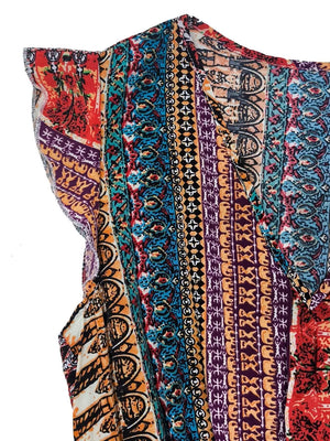 Bohemian maxi dress with ruffle sleeves in a colorful tribal print.