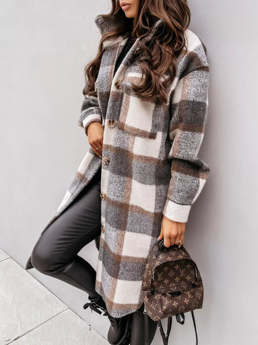 overcoat featuring plaid in brown with 95%polyester, 5%spandex Care instructions: Machine wash cold texture