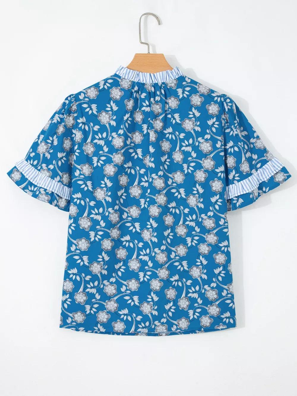 Blue floral cotton blouse with ruffle sleeves and striped collar detail
