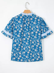 Blue floral cotton blouse with ruffle sleeves and striped collar detail