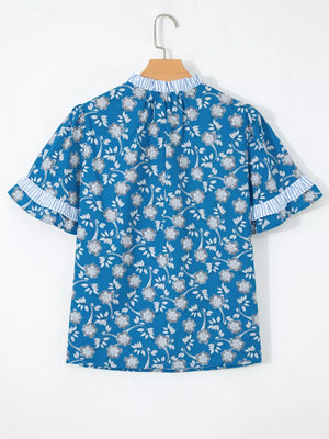 Blue floral cotton blouse with ruffle sleeves and striped collar detail