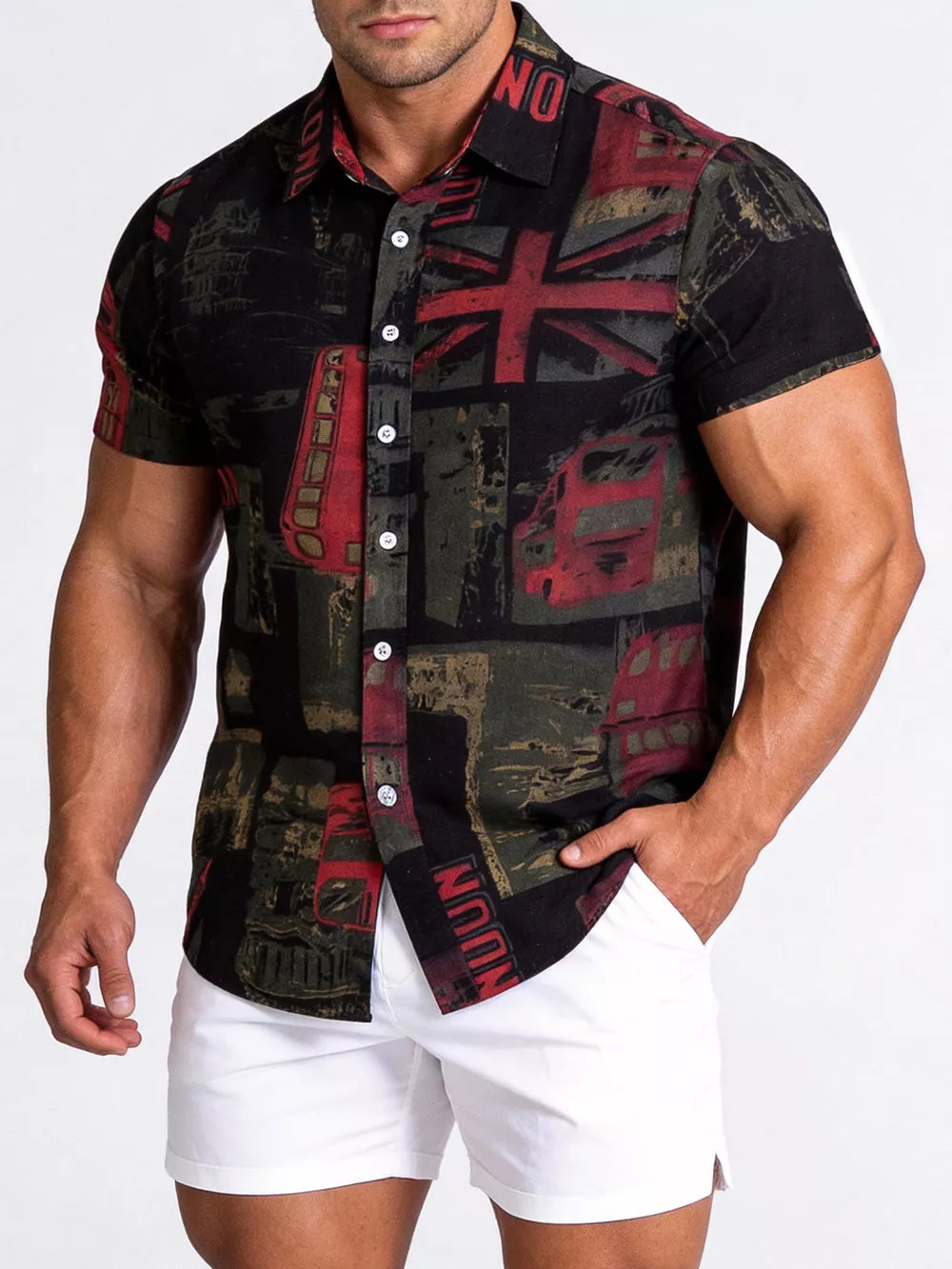 Camel Button-down Graphic Short-sleeve Top