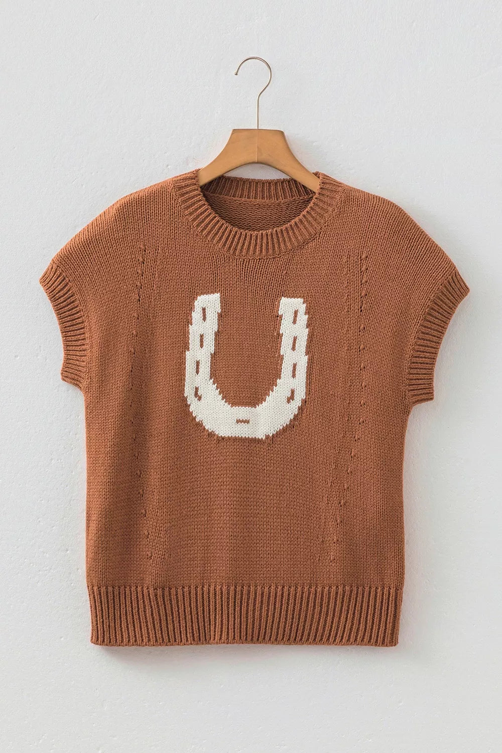 rust pullover sweater with ribbed hem and short sleeve