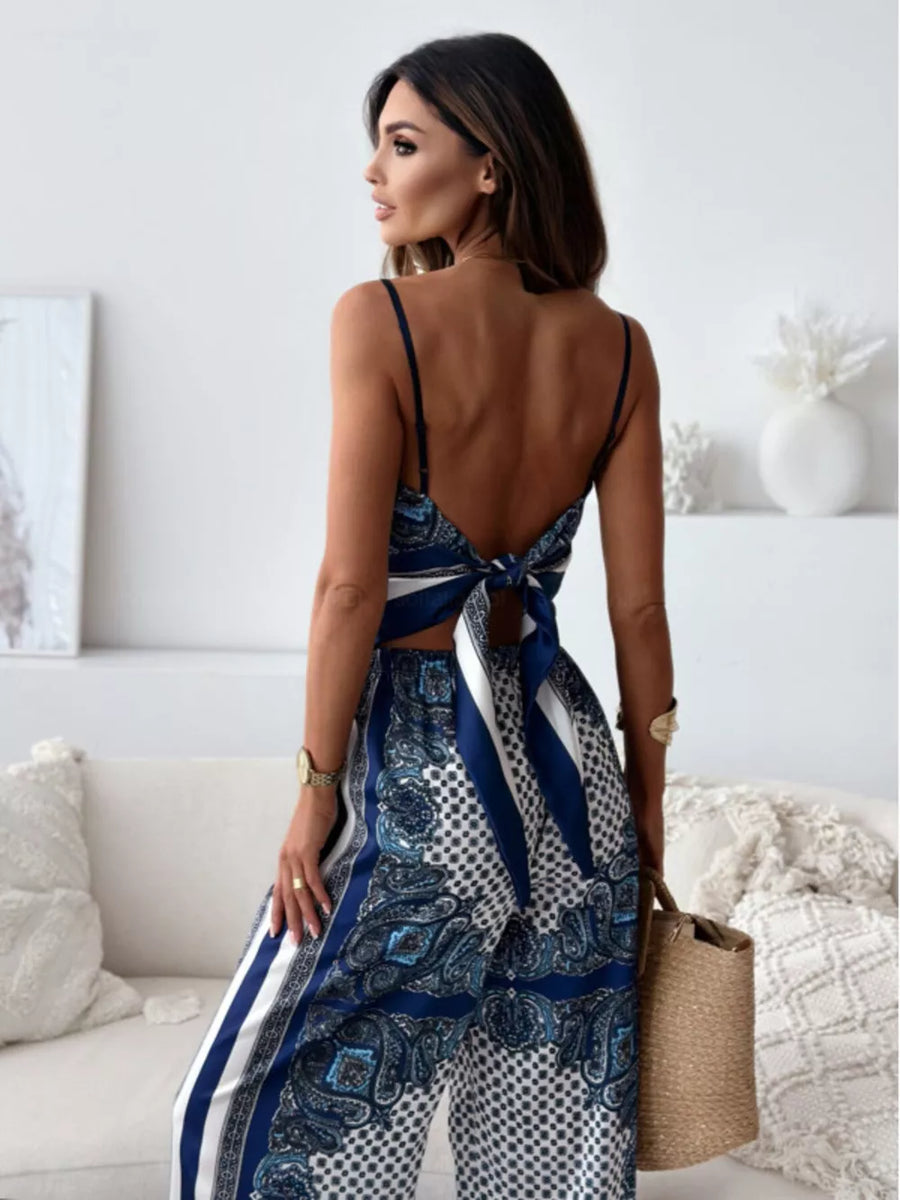 Chic printed cami and wide-leg pants set in Peacock Blue with tie-back detail.