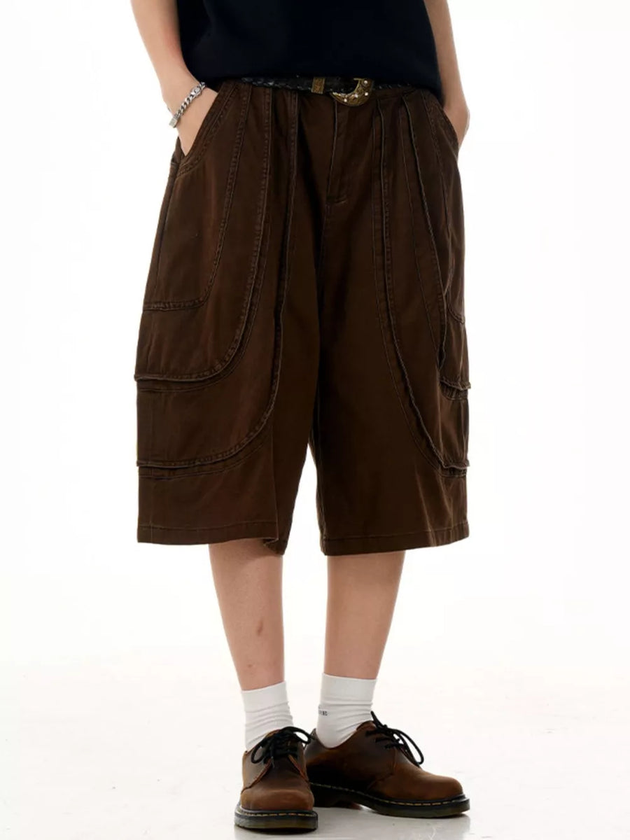 Men's Loose Fit Wide Leg Cargo Capris in Brown