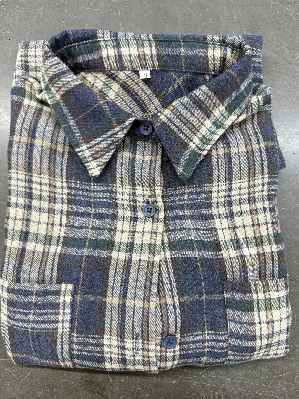 button-down shirt in cream with plaid and chest pocket