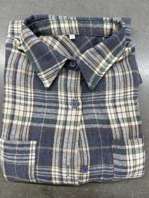 button-down shirt in cream with plaid and chest pocket
