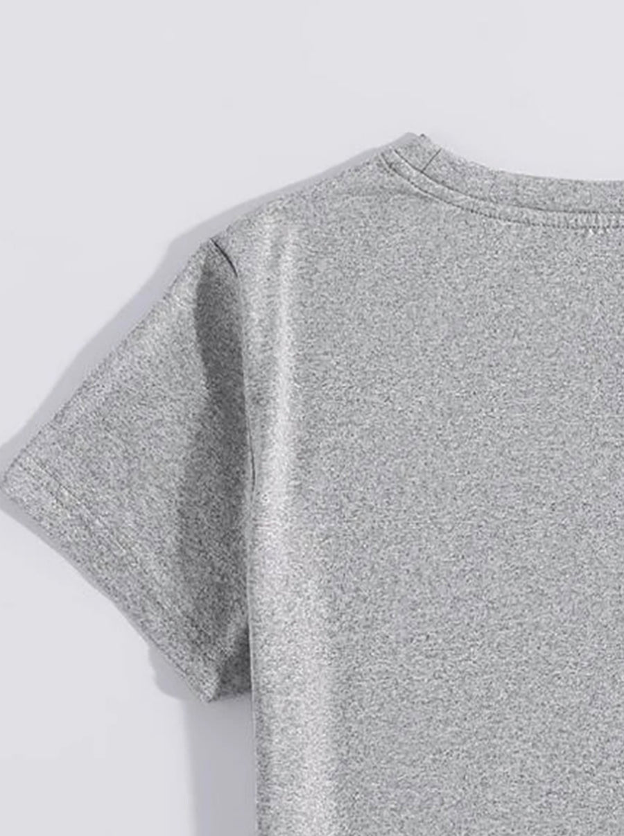 Gray crewneck t-shirt with short sleeves and a heathered texture.