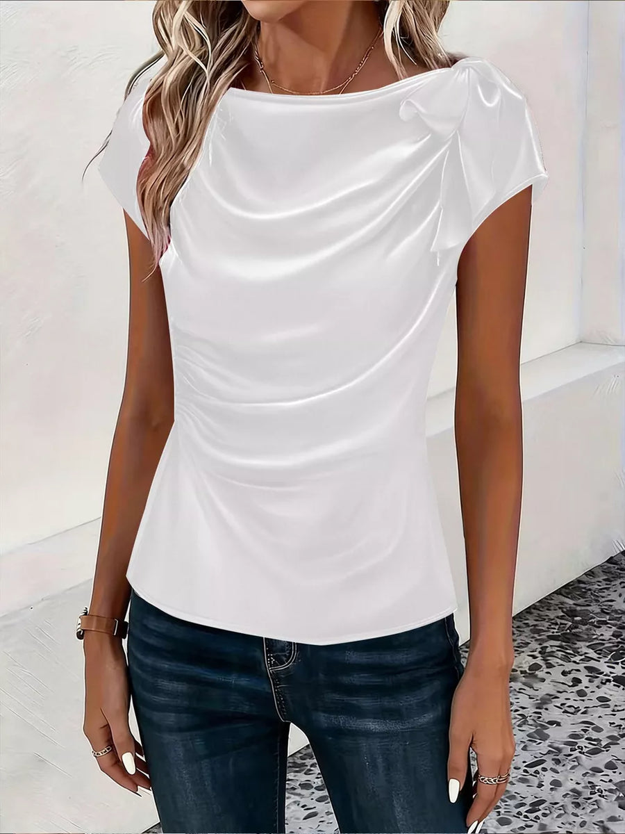 Ruched Short Sleeve Satin Top in Brown