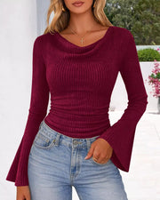 Ribbed Bell Sleeve T-shirt in Beige