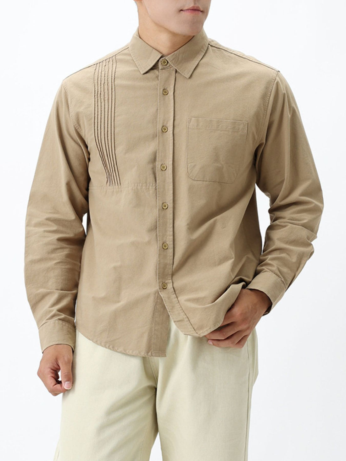 classic button-up shirt in taupe gray with collared