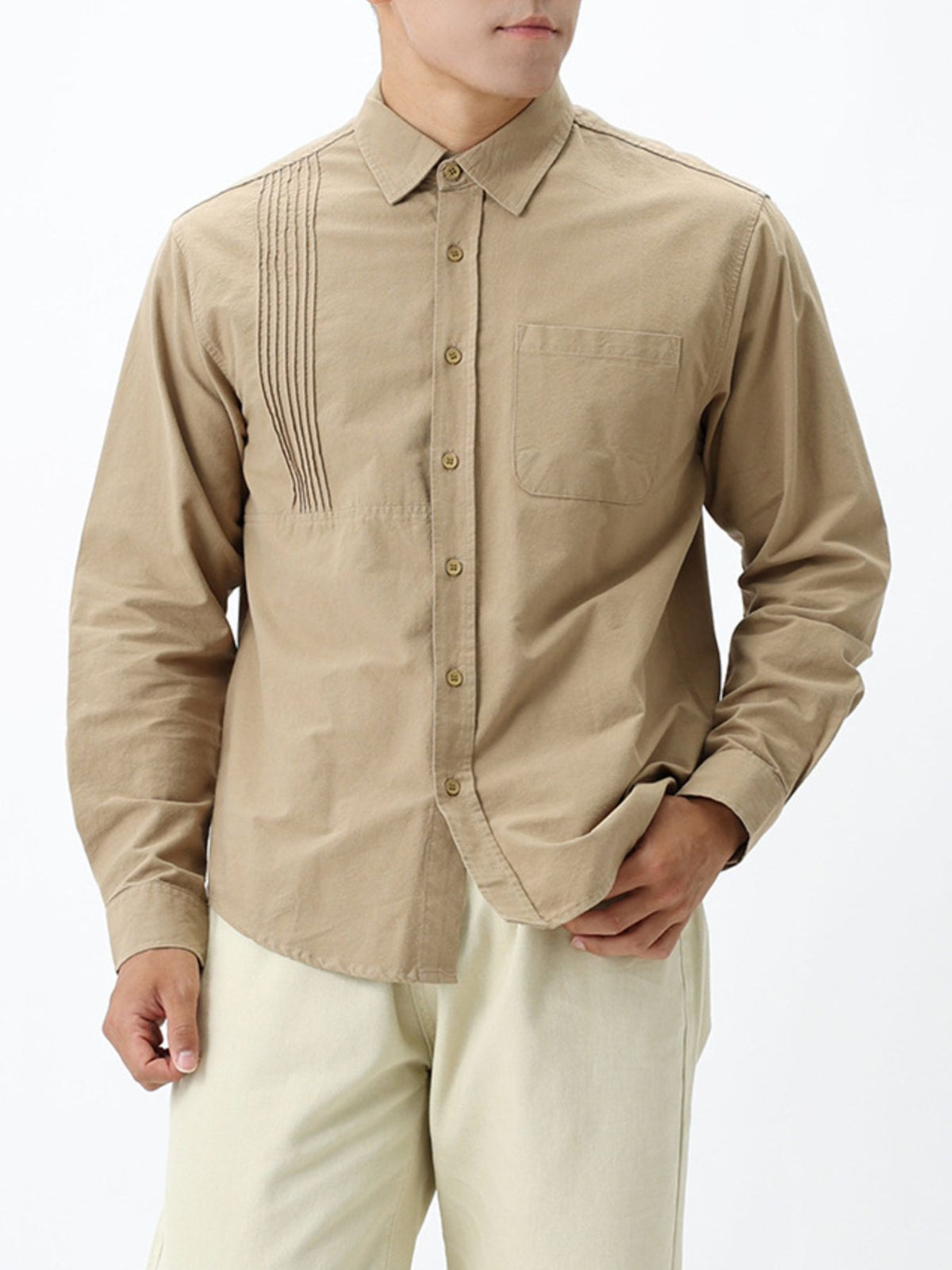 classic button-up shirt in taupe gray with collared