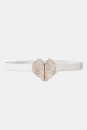 White elastic belt with a geometric crystal heart buckle