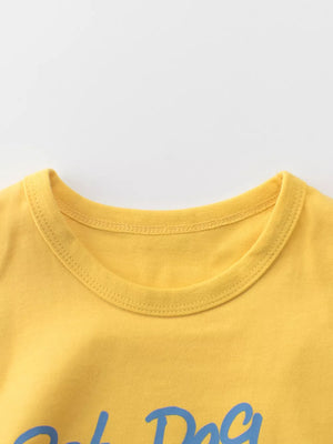 Yellow cotton t-shirt with blue graphic text and crew neck
