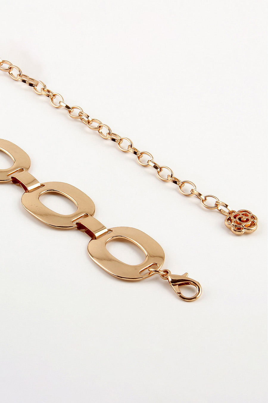 Gold oval link chain belt with lobster clasp and rose detail