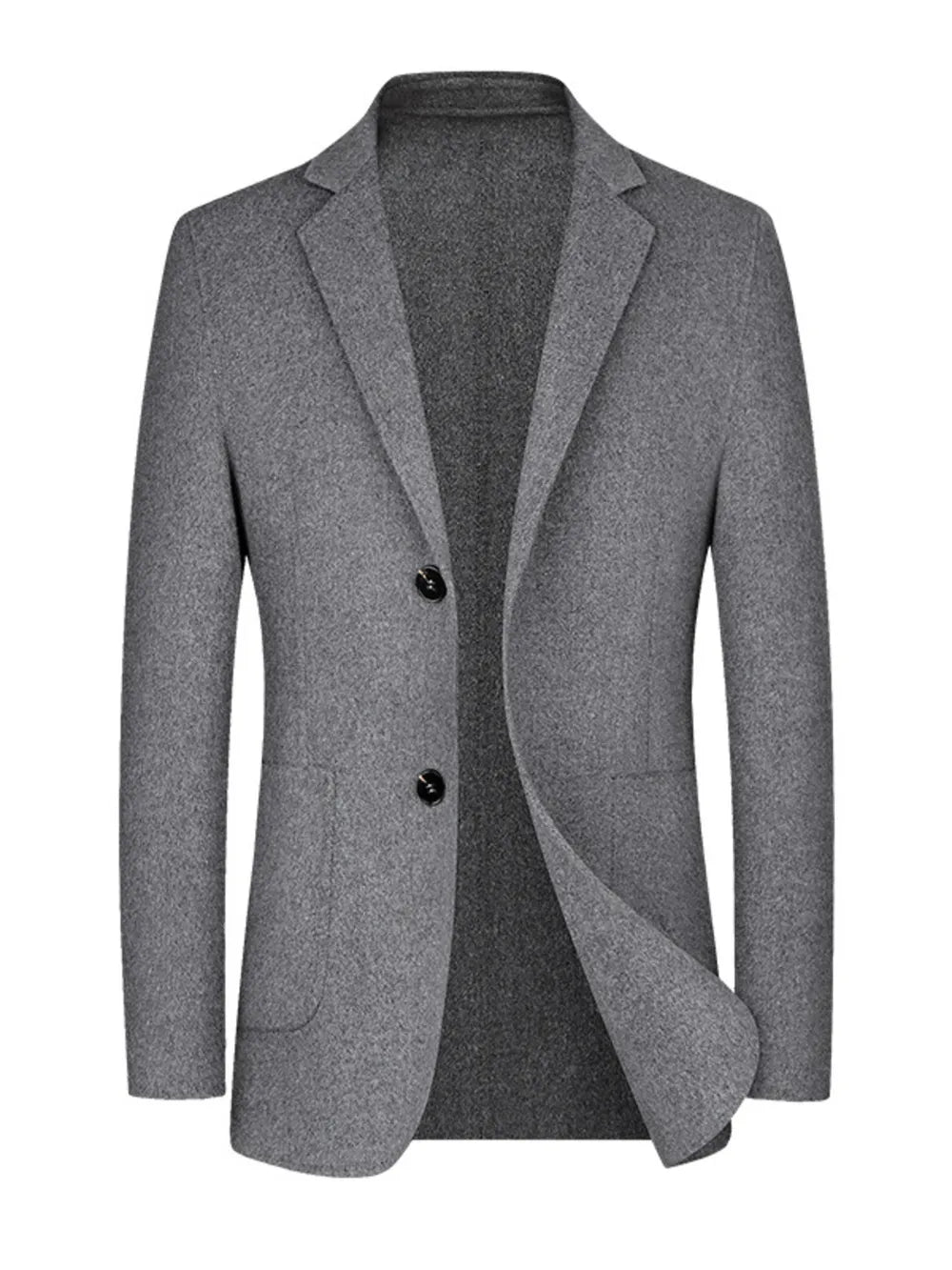 Grey wool classic fit men's blazer with two buttons and notch lapels.