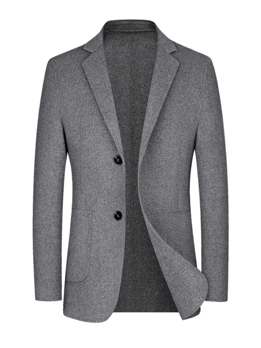 Grey wool classic fit men's blazer with two buttons and notch lapels.