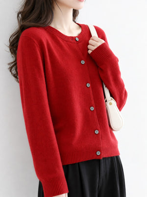 Button-Down Crew-Neck Ribbed Long-Sleeve Top in Golden Camel with buttoned