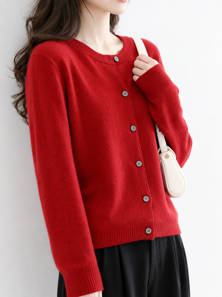 Button-Down Crew-Neck Ribbed Long-Sleeve Top in Golden Camel with buttoned