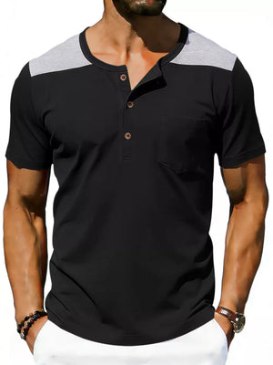 Men's black henley t-shirt with gray shoulder detail and chest pocket.