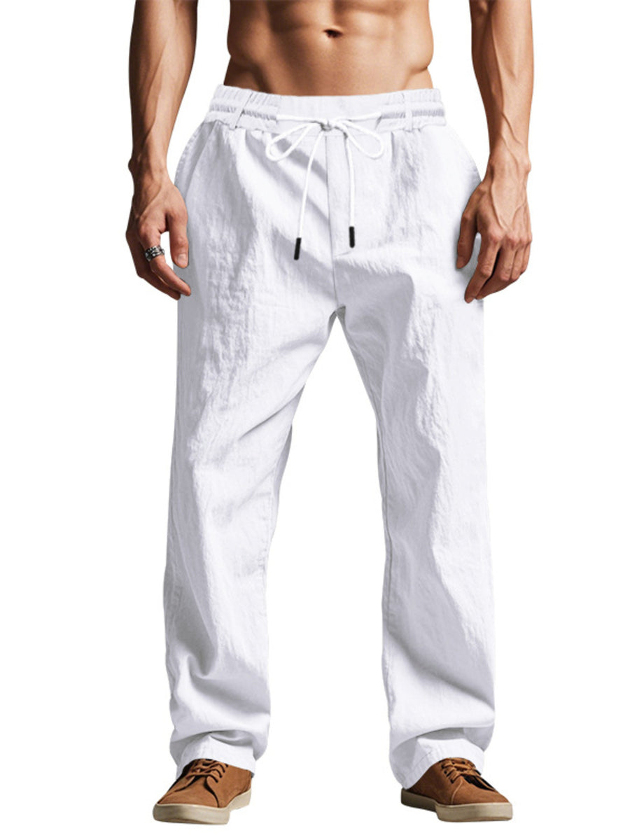 Gray wide-leg pants with full-length and drawstring